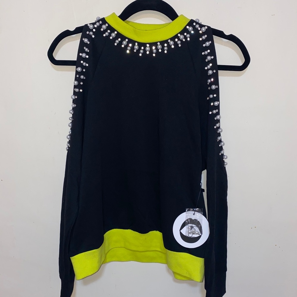 Cold-Shoulder Rhinestone/Pearl Detail Sweatshirt